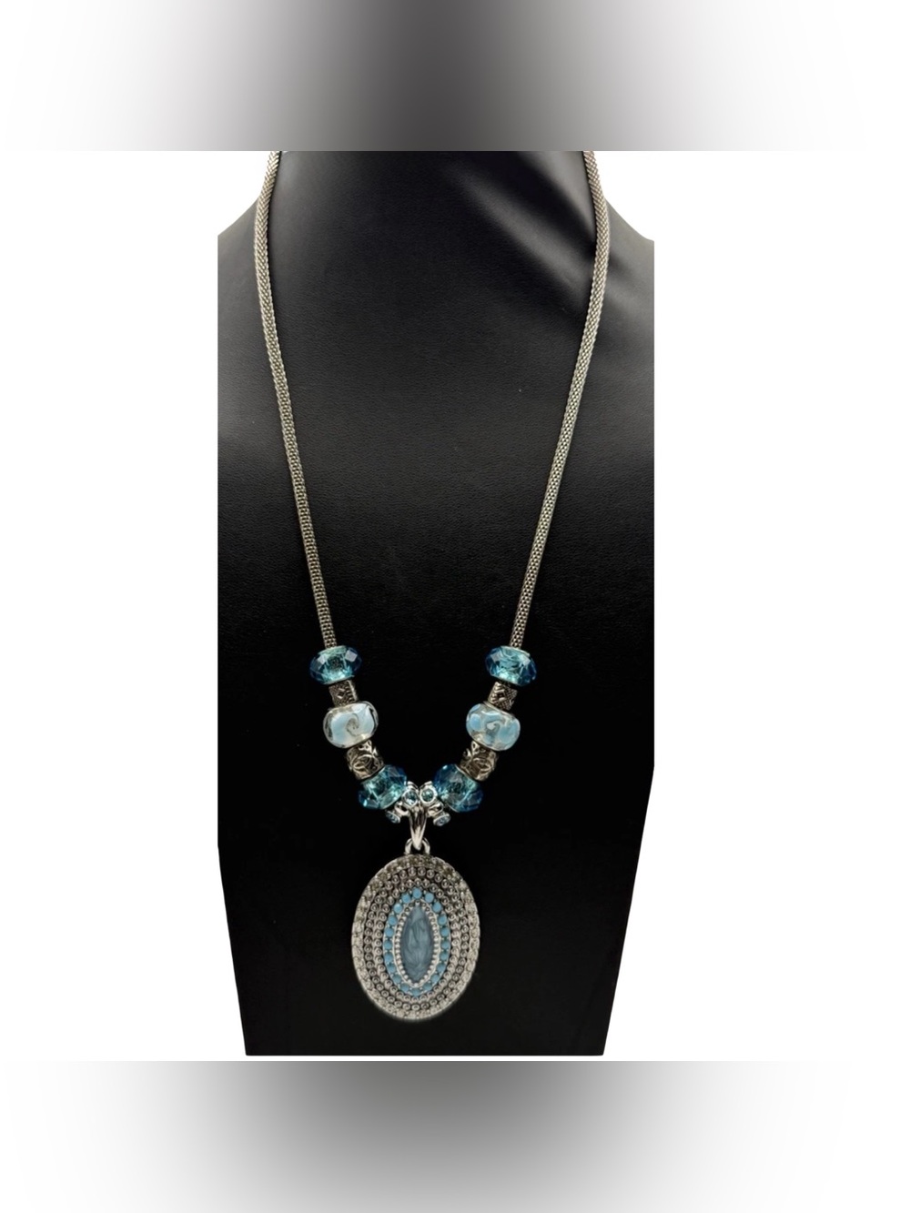 Brighton Silver Tone Aqua Blue Art Glass Bead Statement Oval Pendant Necklace